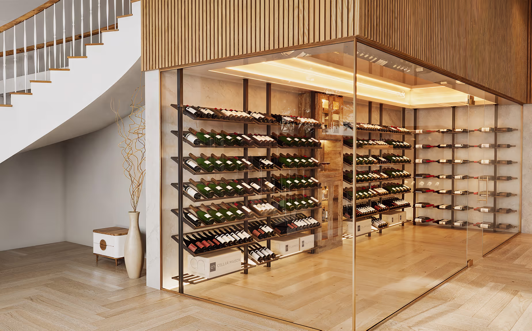 6739bac6a94458bd37a2b7e4 6739bab0ebf91b07fc4fe207 1 Linear Series Wine Shelving Contemporary Home Wine Room Glass Wall Enclosure 20(1)